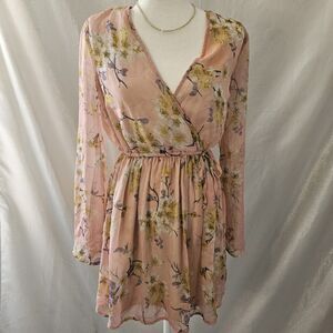 BAND OF GYPSIES pink Wrap Dress Sz M Floral Bell Sleeve